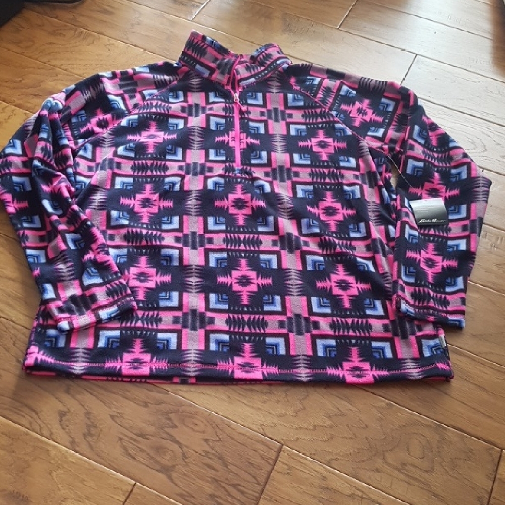 NWT Eddie Bauer Women's Quest Fleece Dark Pink Aztek Print 1/4-Zip Size XL